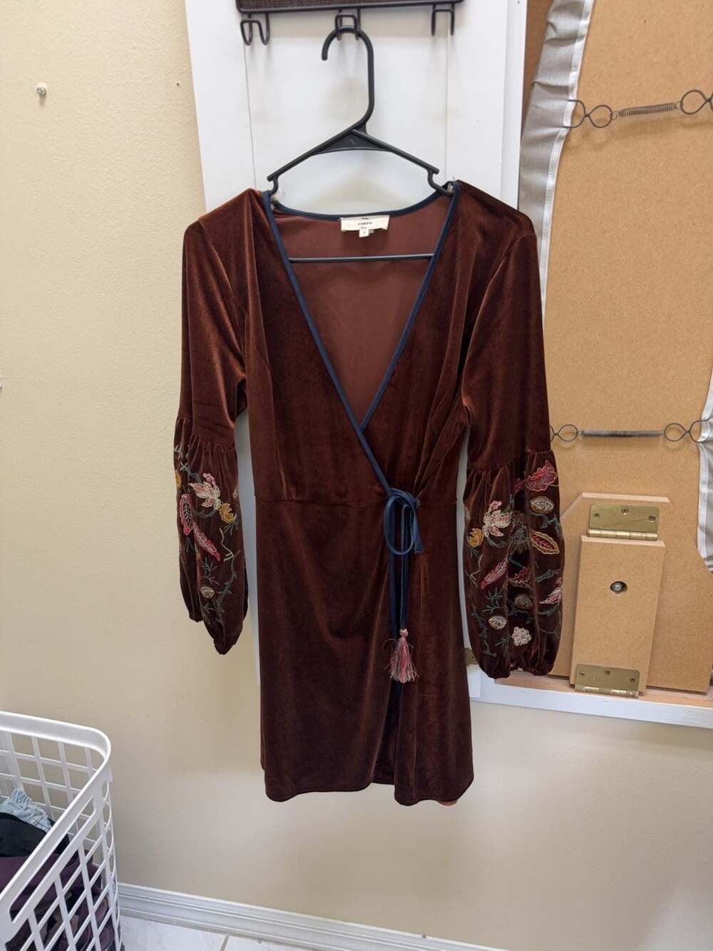entro Brown Velvet Mini Wrap Dress with Embroidered Balloon Sleeves